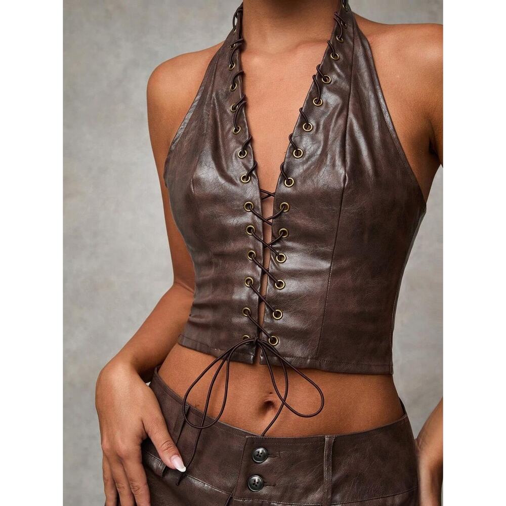 ๐ฅ SHEIN BAE Brown PU Lace-Up Halter Corset + Belted Mini Shorts Set ๐ฅ - Picture 2 of 8
